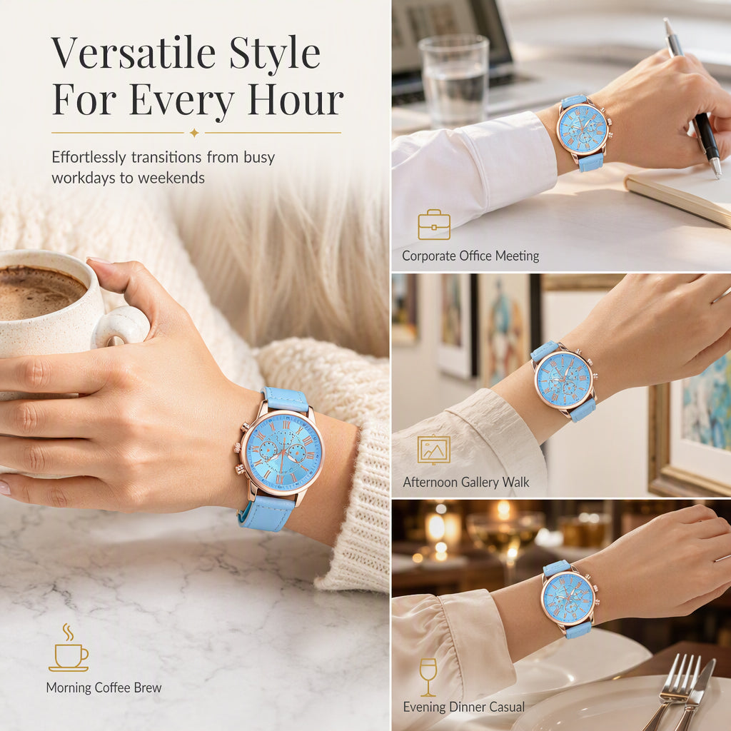 🌸 JETZT 50 % RABATT! 🌸 Schlichte Damen-Quarzuhr mit Lederarmband und Drei-Augen-Zifferblatt