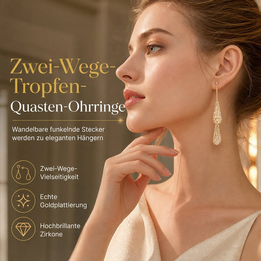 💎 Damen Ohrringe im französischen Stil – vergoldete Tropfen-Ohrhänger mit Zirkonia & Wasserfall-Fransen