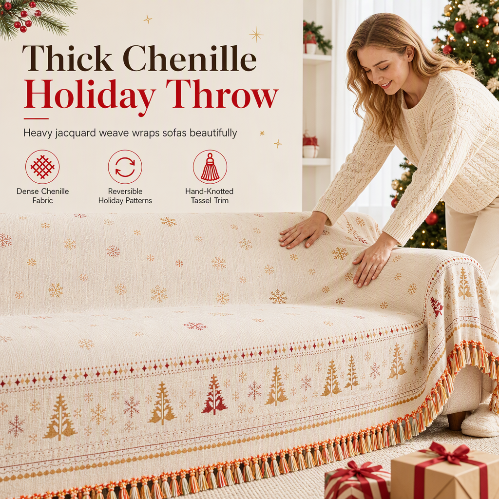 🎁 50 % RABATT 🛋️ Wendbarer Chenille-Sofaüberwurf, weicher Weihnachts-Sofabezug 🎄