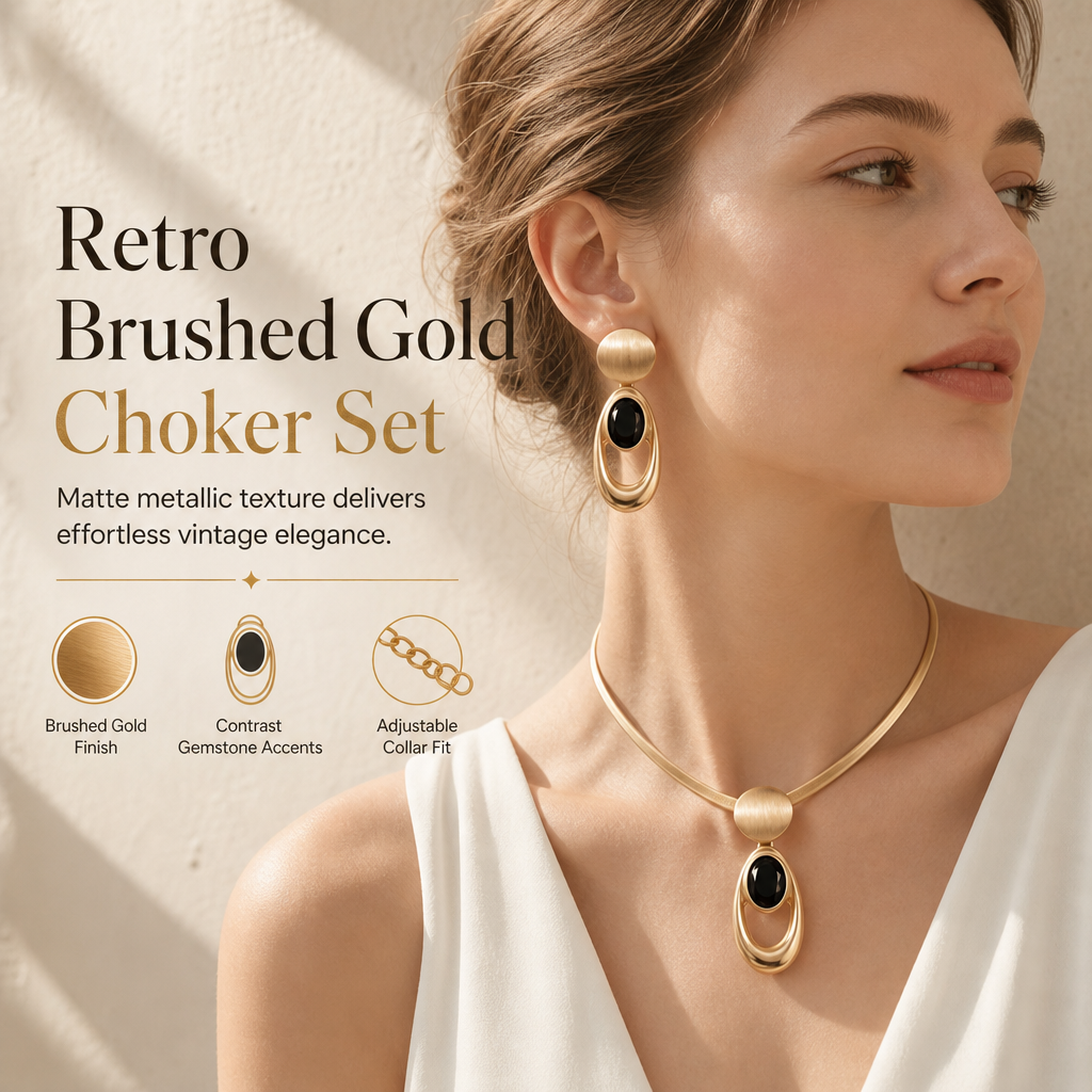 🖤 50% RABATT! 💎 Vintage-Schmuckset in gebürstetem Gold & Schwarz – Choker & Ohrringe für Alltag, Banquet & Party