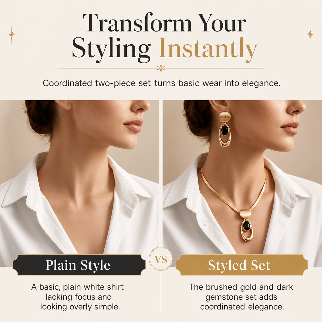 🖤 50% RABATT! 💎 Vintage-Schmuckset in gebürstetem Gold & Schwarz – Choker & Ohrringe für Alltag, Banquet & Party