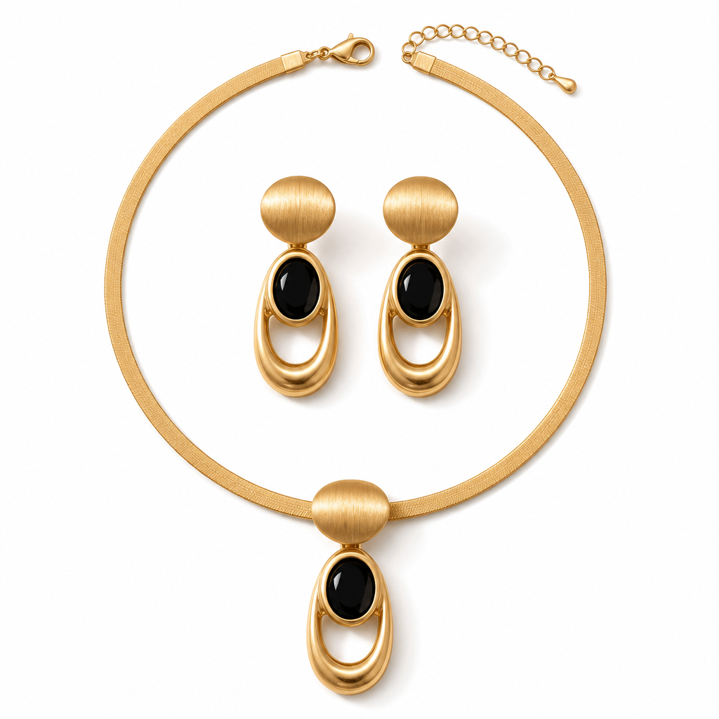 🖤 50% RABATT! 💎 Vintage-Schmuckset in gebürstetem Gold & Schwarz – Choker & Ohrringe für Alltag, Banquet & Party