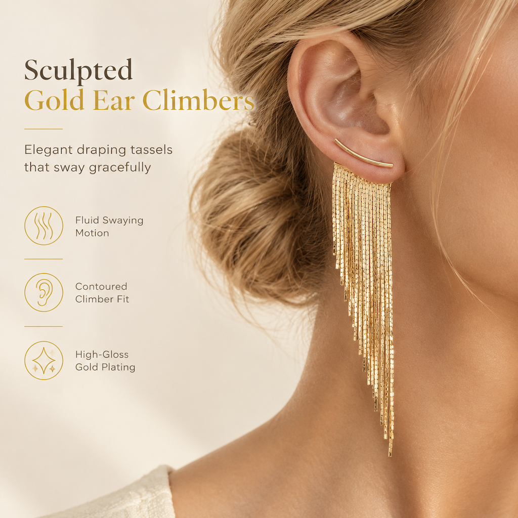 ✨ Sculpted Gold Tassel Earrings – Weightless, Bold & Pain-Free
