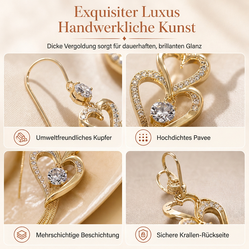 💫Elegante vergoldete Doppel Herz Quasten Ohrringe mit Strass für Damen💎