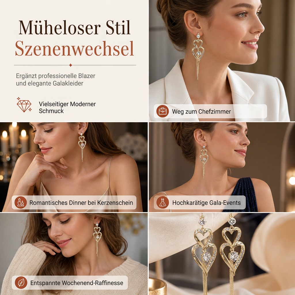 💫Elegante vergoldete Doppel Herz Quasten Ohrringe mit Strass für Damen💎