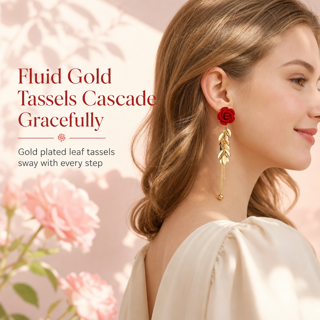 Red Flocked Rose and Leaf Long Tassel Dangle Earrings for Women 1 Pair