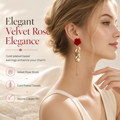Red Flocked Rose and Leaf Long Tassel Dangle Earrings for Women 1 Pair