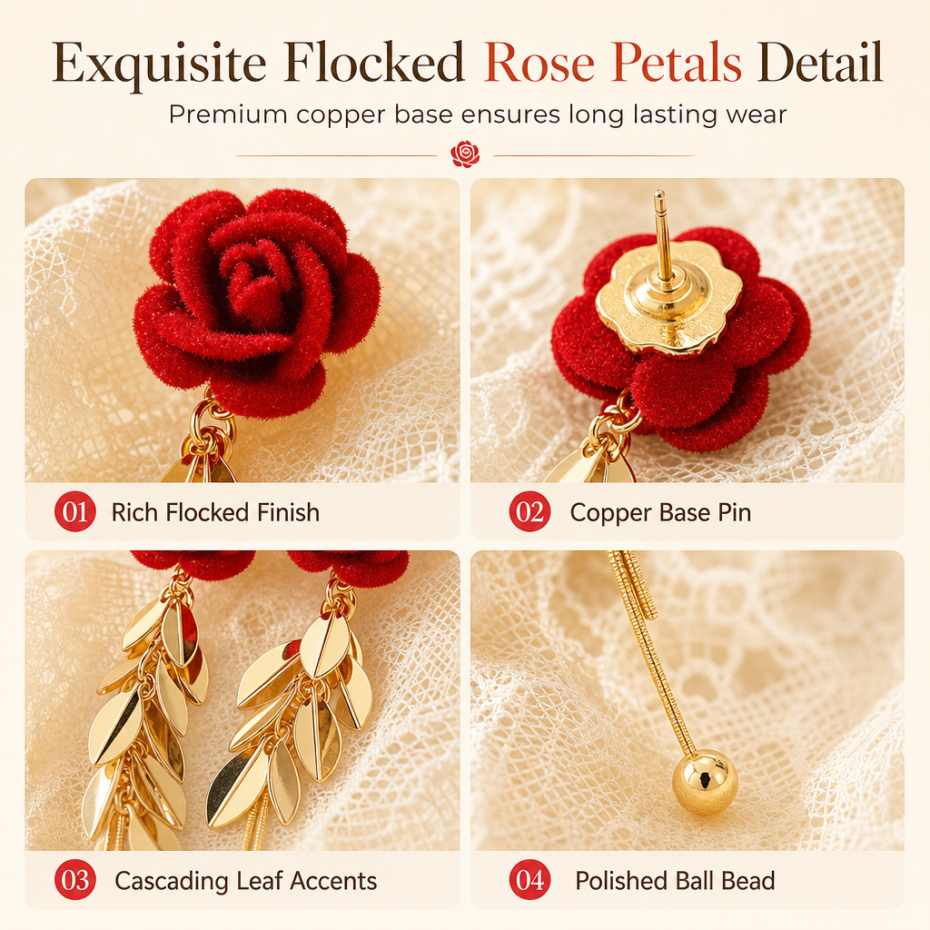 Red Flocked Rose and Leaf Long Tassel Dangle Earrings for Women 1 Pair