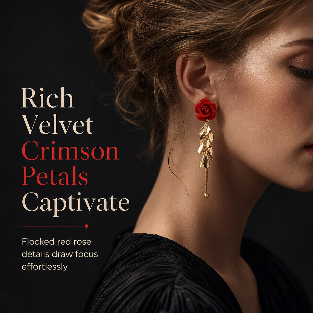 Red Flocked Rose and Leaf Long Tassel Dangle Earrings for Women 1 Pair