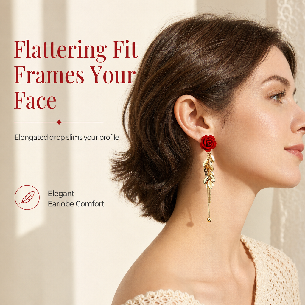 Red Flocked Rose and Leaf Long Tassel Dangle Earrings for Women 1 Pair