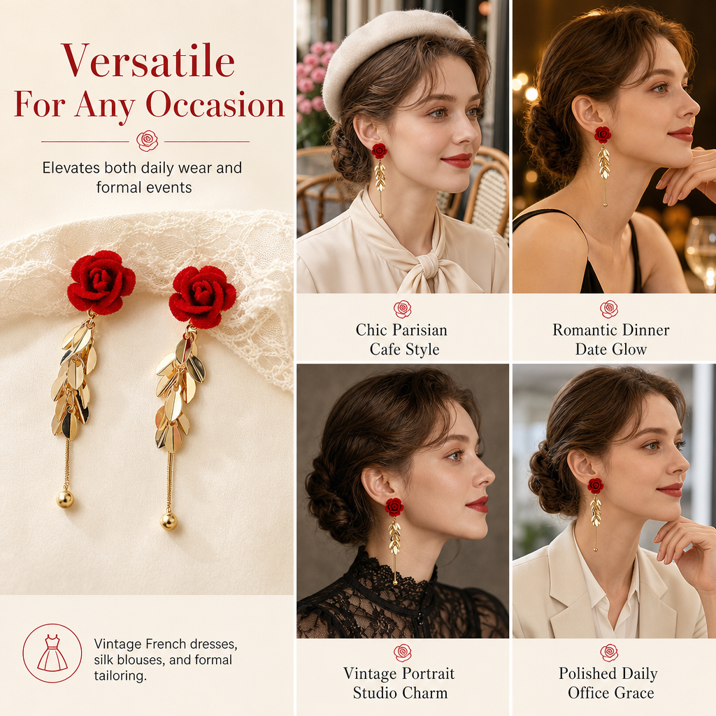 Red Flocked Rose and Leaf Long Tassel Dangle Earrings for Women 1 Pair