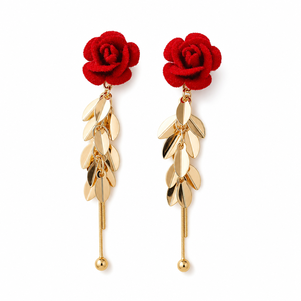 Red Flocked Rose and Leaf Long Tassel Dangle Earrings for Women 1 Pair