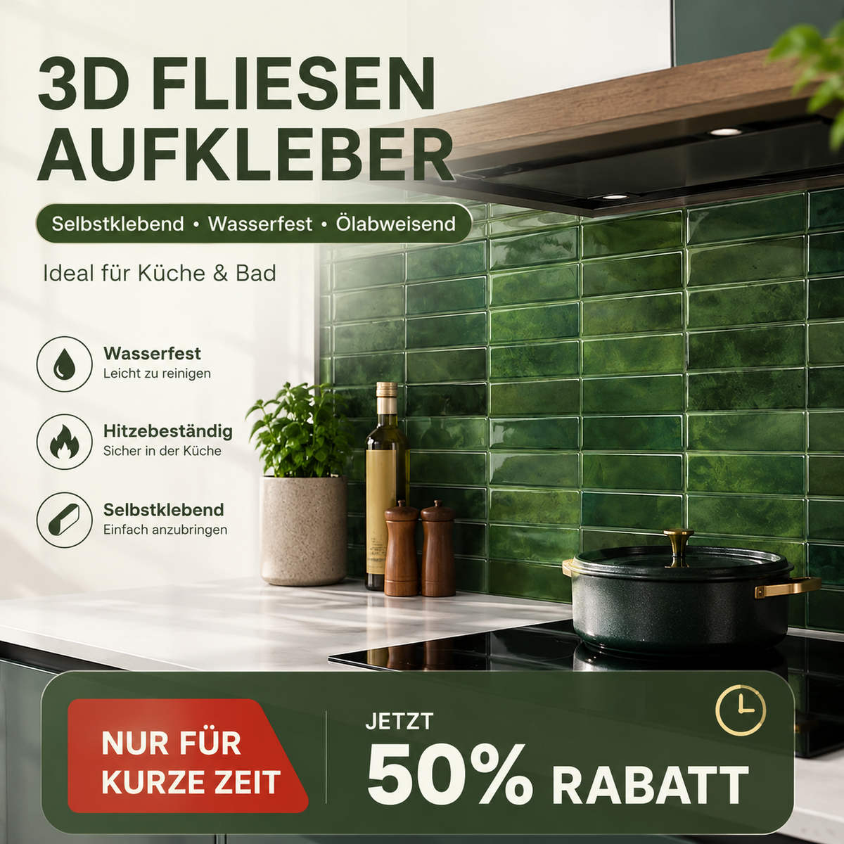 ⏳50% RABATT! 🍳 Selbstklebender Küchen-Spritzschutz aus PET – zuschneidbar, 23×29 cm, in 5 Farben