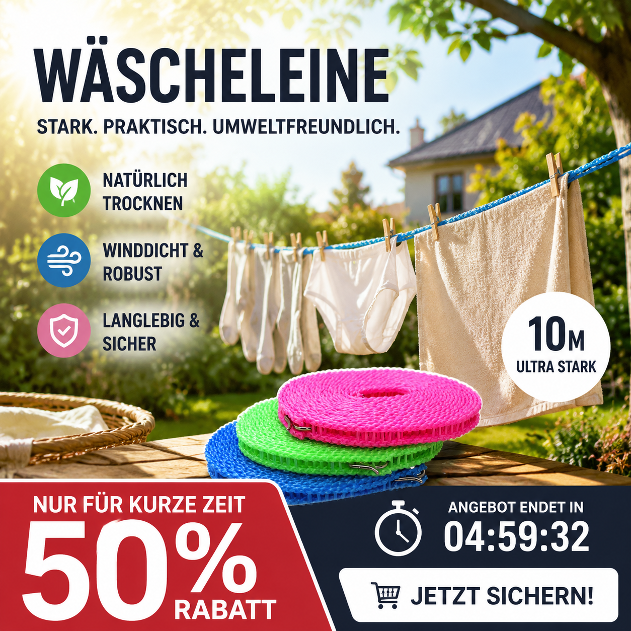 🧺 KAUFE 1, ERHALTE 1 GRATIS! ☀️ Rutschfeste Wäscheleine – UV-beständig & langlebig ✨